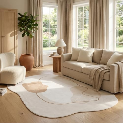 TAPISO Wisp Teppich Wohnzimmer Modern - Kurzflor Design Teppich Abstrakt - Weich, rutschfest, Pflegeleicht - Beige Braun - Schlafzimmer Esszimmer Flur 140 x 200 cm