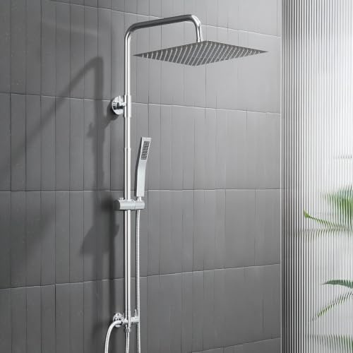 Auralum Regendusche ohne Armatur,Edelstahl Regendusche Duschkopf 25x25cm Eckig,Duschsystem mit Messing Wasserteiler,Höhenverstellbar Duschstange Duschsäule,Duschset Chrom,Vorhandene Bohrlöcher