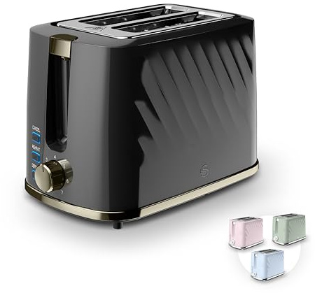 Swan Windsor 2 Slice Toaster with 7 Browning Levels for Toast, Removable Crumb Tray, Defrost/Reheat/Cancel, Cord Storage, Non-Slip Feet, 900W, Black with Gunmetal Brass Trim, ST14071GBLK
