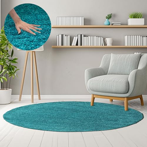 HomebyHome Teppich Rund Hochflor 80 cm Rund - Shaggy Runder Teppich Wohnzimmer Türkis Extra Weich und Flauschig - Waschbarer Langflor Teppiche für Schlafzimmer, Küche, Flur - Carpet, Halı, Kilim