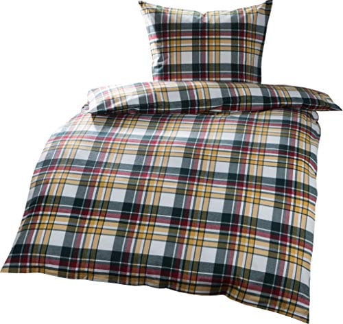 Bettwaesche-mit-Stil Warme Fein-Flanell Winter Bettwäsche Livigno Karo grün gelb rot kariert (135 cm x 200 cm + 80 x 80)