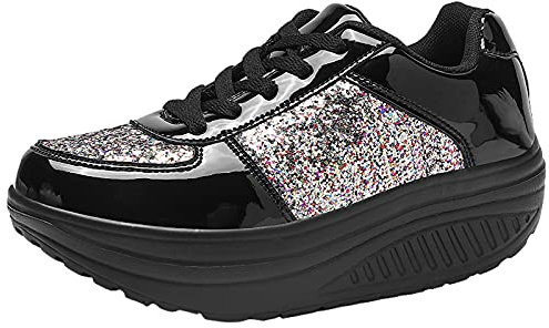 ANUFER Mujer Súper Ligero Plataforma Zapatillas con Cordones Cuña Zapatos Deportivos Negro SN070680 EU39.5