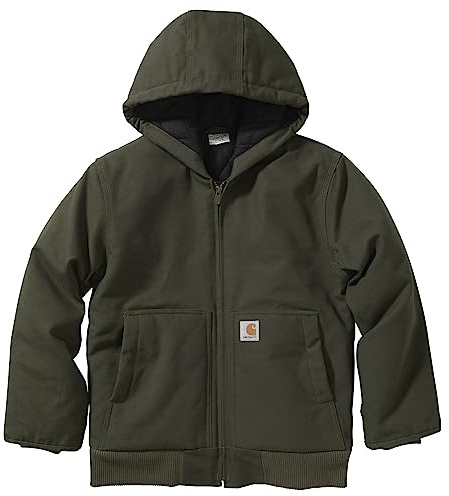 Carhartt Boys' Flannel-Lined Hooded Canvas Insulated Zip-Up Jacket, Olive, X-Small (6)