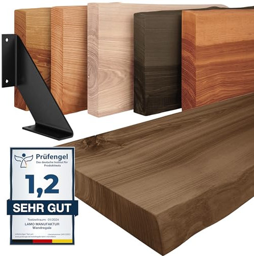 LAMO Manufaktur Wandregal Holz Baumkante | Regal Farbe: Nussbaum | mit schwarzem Vintage Regalträger | 160 cm