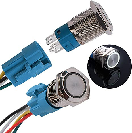JIQI 2× 16mm 12V bis 24V 3A Verriegelung Druckschalter Metall Rastend EIN/AUS Schalter mit LED Licht IP66 1NO1NC Selbsthemmend wasserdicht vorverdraht Druckknopfschalter für Van KFZ DIY Motorrad(Weiß)
