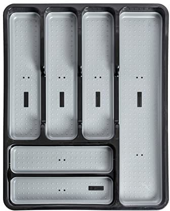 Addis Premium Soft touch 6 Compartment Cutlery Drawer Organiser Tray, Black & Grey 6 Sections