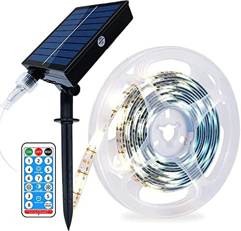 KINGCOO LED Streifenlichter Außen, Wasserdichte 5M 150LED Lichtband 8Modi Timer Découpable Lichtleiste Solar Lichterketten mit Fernbedienungs für Hausgarten Hochzeitsfest Weihnachtsdekor (Blanc)