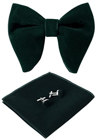 HOULIFE Bow Tie Set for Men – Adjustable Velvet Pre-tied Bowtie, Solid Colour Pocket Square, Cufflinks Set for Groom Wedding Party Formal with Gift Box (Dark green)