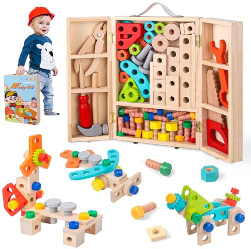 Wdmiya Wooden Toys Kids Tools Set for 2 3 4 5 Years Old Boys Girls Montessori Toys Wooden Tools Box, Toddlers Construction Toys 65 PCS Tool Kit Pretend Play Educational Toy, Kids Birthday Gifts