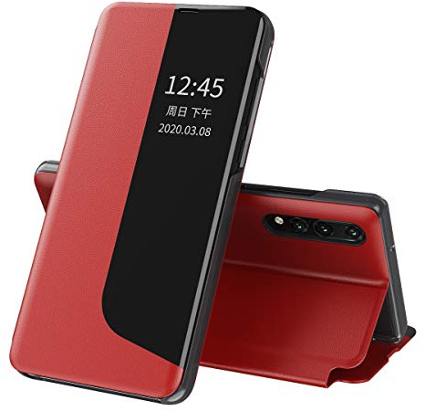 QIWEIQING Clear View Hülle für Huawei P20 Pro, Premium Schutzhülle mit Sichtfenster Fenster, Stilvoll Spiegel Handyhülle mit Flip Klappbarer Ständer für Huawei P20 Pro. Red QH3