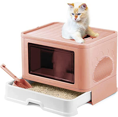 Homewell Katzentoilette mit Deckel und Schaufel, Katzenklo Schrank Schublade Design, Multifunktionaler und Komfortabel Katzen Zubehör, 51 x 40 x 37 cm (Rosa, Modell 1)