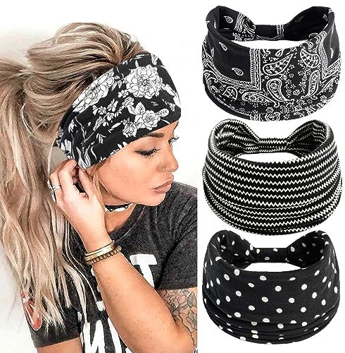 scicent 3 Stück Stirnbänder Damen Frauen Breites Haarband Boho Blumendruck Leopard Knot Elastische Kopfwickel Haarbänder Mehrfarbig - 16009
