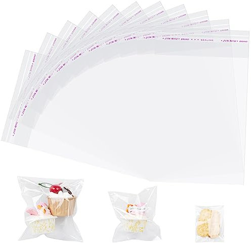 SUSNUAN 100 Pcs Cellophane Bags Self Adhesive Clear Plastic Bags For Cookies, Nuts, Candies, Pills, Jewellery, Sweets, Screws (12 x 15+3cm)