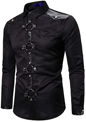 Men's Steampunk Shirt with Lapel, Medieval Long Sleeve T-shirts, Gothic Top Solid Colour Top Leather Patchwork Retro Blouse Buttons for Renaissance Cosplay Courtyard Halloween Victorian Tunic, Black,