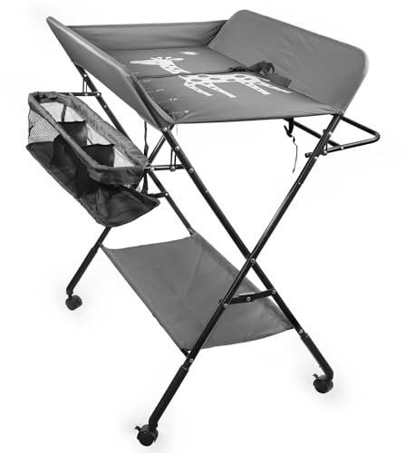 Table à Langer Pliable avec Roulettes, Table de Couches à Changement de Bébé Réglable Portable Table à Langer Bébé avec Panier Inférieur, Panier Latéral, Tringle à Vêtements (Gris)