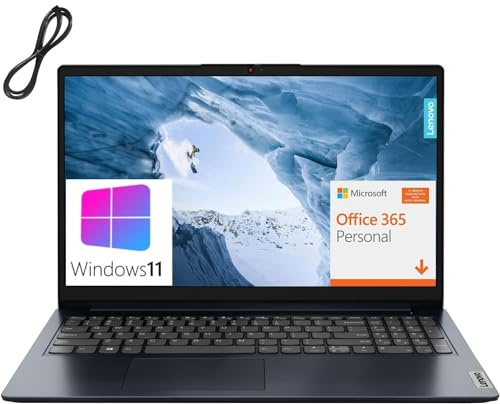 Lenovo IdeaPad 1 Ordinateur portable 15,6 FHD, Intel Pentium Silver N6000, 1 an Office 365, 4 Go de RAM DDR4, 128 Go SSD, WiFi 6, BT 5.1, Abyss Blue, Windows 11 Home S, câble AZ-XUT