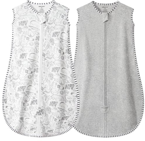 MIKAFEN 2er Pack Baby Schlafsack Sommer Ärmellos 0.5 Tog,100% Baumwolle Kinder Sommerschlafsack für Jungen und Mädchen (Tier&Grau,0-6 Monate)
