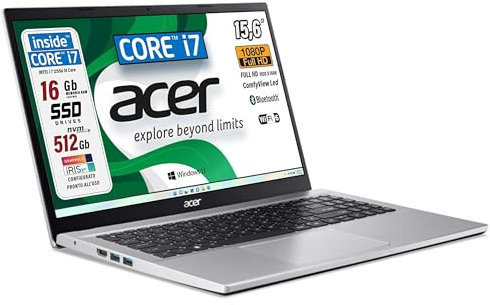 acer PC portatile Aspire CPU Intel Core i7-1255U 12Th, fino a 4.70 GHz, 10 cORE, RAM 16 Gb, SSD PCIe 512 Gb, 15.6 FullHD, USB, HDMI, WI-Fi, Win 11, Libre Office, Pronto all'Uso