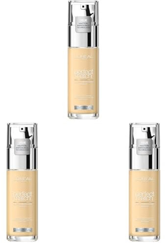 L'Oréal Paris Make up, Flüssige Foundation mit Hyaluron und Aloe Vera, Perfect Match Make-Up, Nr. 1.R/1.C Rose Ivory, 30 ml (Packung mit 3)