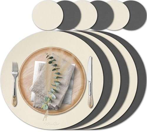 Mahewa® 6er Set Premium Tischset aus Kunstleder - Platzset abwaschbar und wasserdicht - Platzdeckchen Telleruntersetzer in Lederoptik (Dunkelgrau/Creme, Rund)