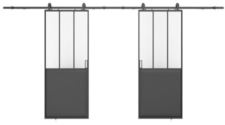 Vente-unique-Puerta corredera doble estilo taller - Negro y vidrio templado - 2 x Alt. 205 x Ancho 63 cm - ARTISTO II