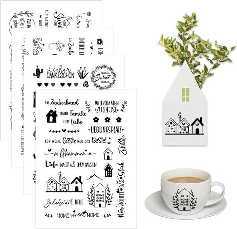 QZKJQDD 4 Stück Rub On Sticker, Kerzentattoos, Rub ons, Rub on, Rub on folie, Rubbelaufkleber Süßes Zuhau -Thema, Für Möbel Glas Holz DIY dekorative Rubbelfolie Rubons Aufklebe (21x13,7 cm)