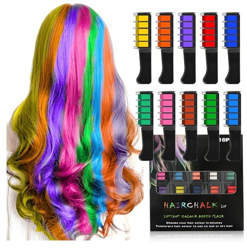 Colorato Gesso per Capelli Pettine, Colorante Temporaneo Luminoso per Capelli per Ragazze E Bambini, Lavabile Gesso per Capelli per Festa Compleanno Fai Da Te Trucco Cosplay Look (10 Colori)