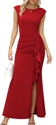 Missufe Robe de soirée maxi pour femme avec manches bouffantes et ouverture en forme de sirène pour mariage, cocktail, bal, rouge, Medium