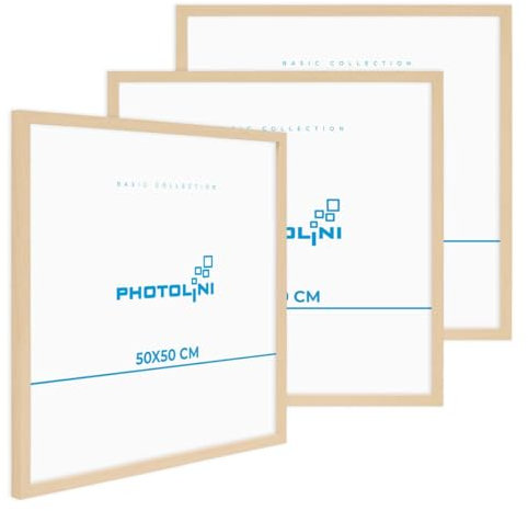 PHOTOLINI Cadre 50 x 50 bois MDF naturel, lot de 3 cadres photo pour posters et affiches, verre acrylique incassable, décoration murale à suspendre, avec accessoires supplémentaires