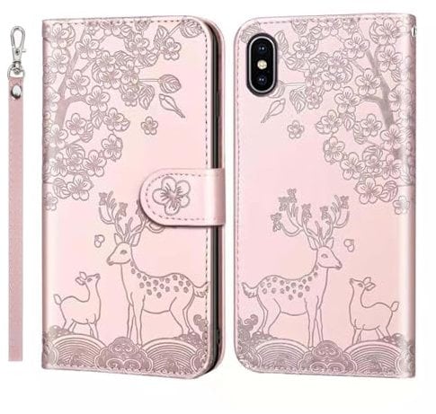 Nbziyoo Phone Case for iPhone X, Embossed Deer Floral Animal Flip Wallet Case with Card Slots, Premium MagneticStective PU Leather Cover Case for iPhone XS.Pink
