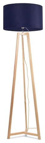 Natural Wood Tripod Floor Lamp with Navy Blue Velvet Drum Lampshade Living Room Light