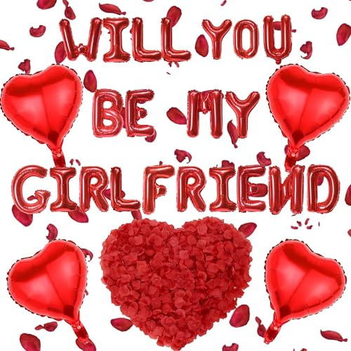 Will You Be My Girlfriend - 525 Stück für Paar Valentinstag Hochzeit Dekor | Rotes Herz Deko mit Buchstaben Ballons und Rosenblättern für Valentinstag Geständnis