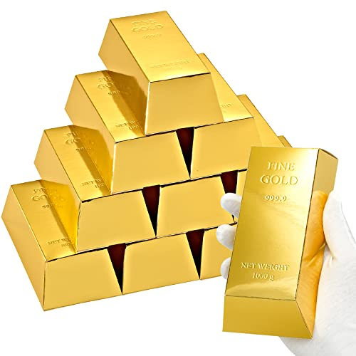 UnicoPak 10 Stück Goldbarren Party Favor Geschenkboxen Schatzsuche Schokolade Münzen Süßigkeiten Boxen Leckerli-Boxen für Piraten Casino Golden Geburtstag Geldgeschenke Motto-Party
