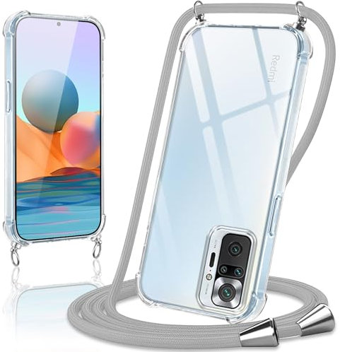 Coiwxmoi Handykette Handyhülle für Xiaomi Redmi Note 10 Pro / 10 Pro Max Hülle mit Band 6.67,Transparent Case mit Kette Abnehmbar zum Umhängen Kordel Schutzhülle,Weich Silikon TPU Stoßfest Cover,Grau