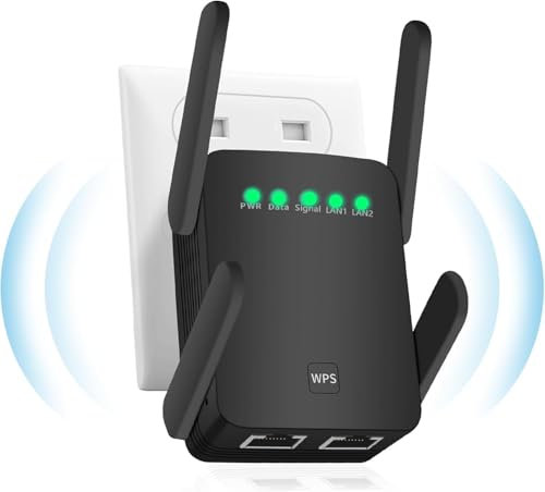 Repetidor WiFi,Amplificador señal WiFi, última tecnología de 4Antenas para una Cobertura Total, 10000Sq.in área de Cobertura, soporta hasta 35 Dispositivos, Equipado con 2 Puertos Ethernet.