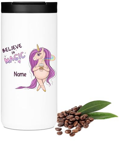 GRAZDesign Taza de café con diseño de unicornio personalizable con nombre – believe magic motivo taza térmica 400 ml