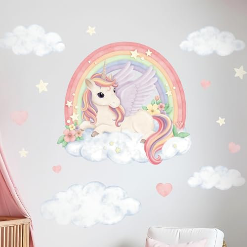Wally Fox - Wandsticker Kinderzimmer - Wandtattoo Babyzimmer - Ungiftig, sicher - Set Einhorn, Regenbogen, Sterne, Wolken, Herzen L - rosa, violett, gelb, Pastellfarben - 52,5x80cm
