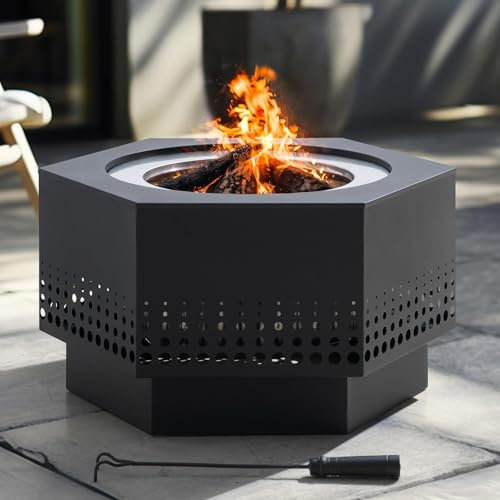 Sunjoy Hoguera sin humo de 28 pulgadas con cenicero extraíble, chimenea de leña portátil para exteriores con cubierta de PVC y póquer de fuego, ideal para camping, hoguera y patio trasero, color negro