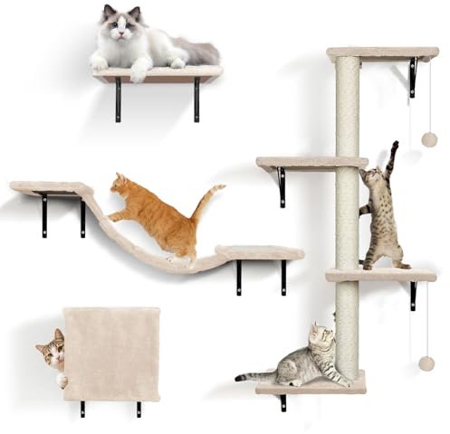 Étagères Murales pour Chat, Masthome d'escalade pour Chat avec Balle, Mural Stable, Arbre à 4 en 1 avec Griffoir, Pont, Lit et Perchoir, Jaunâtre