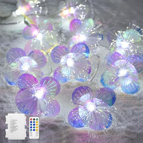 YOLIGHT Ghirlanda di fiori a LED in fibra ottica, funzionamento a batteria, con timer e telecomando, luci a LED per camera da letto, matrimoni, Natale, Pasqua, cottage (bianco, 4 m)