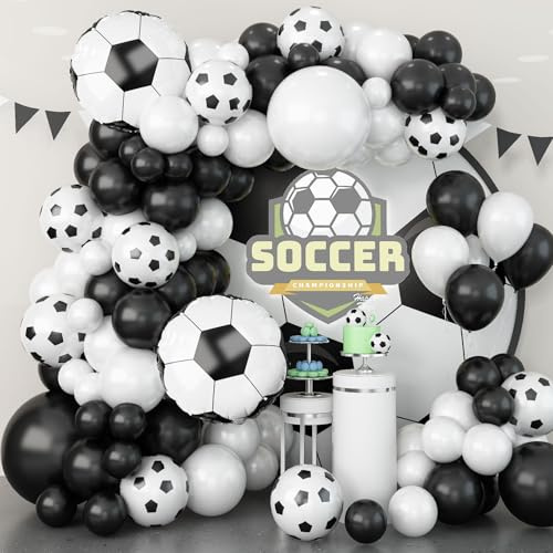 Fußballballon-Girlande, Bogen-Set, 55,9 cm, 45,7 cm, 30,5 cm, 25,7 cm, Schwarz-Weiß und Fußball-Druck-Luftballons mit 4D-Fußball-Folie, Heliumballon, Fußball-Party-Dekorationen für Geburtstage