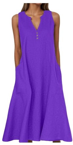 Generisch 2025 prendisole da donna casual senza maniche abito estivo in lino fluente per vacanze al mare con tasche abito da sposa donna, Lilla, XL