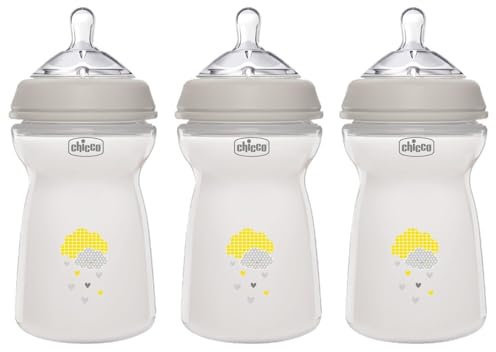 Chicco Natural Feeling Biberon Anti-Colique 6M plus, 3 pièces, 330ml Biberon avec Tétine en Silicone - Flux Rapide - Couleur Neutre, Gris