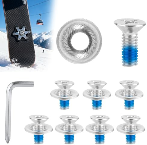 NICEWAT 8 Stück Snowboard Bindungsschrauben Set, M6 Edelstahl Befestigungsschrauben mit Anti Rutsch Unterlegscheiben, Snowboard Binding Screws mit Schraubendreher für Sport Snowboard Ersatzteile