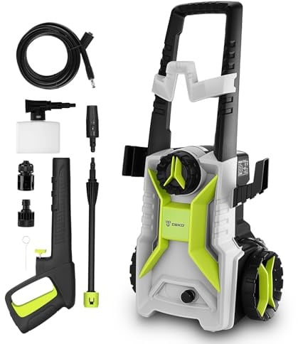 DEKOPRO Hidrolimpiadora 1650W 135 Bar 300 L/h para Hogar y Jardín | Equipada con conectores rápidos y boquillas regulables. Uso para hogar, jardín y lavado de vehículos.