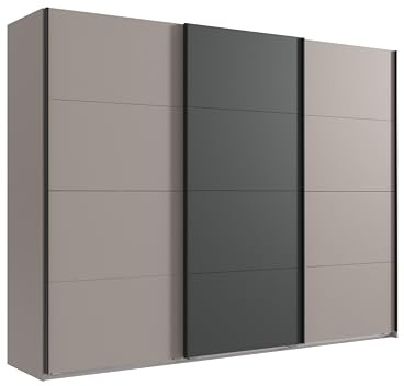 luma-Home 22008/ Schwebetürenschrank 3-türig, Sand Grau, 1x Tür Anthrazit | B270/H208/T65 cm mit Metallgriffen, 3 Einlegeböden und 3 Kleiderstangen höhenverstellbar