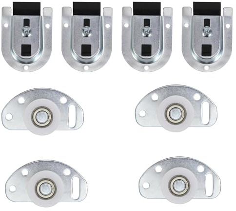 InYoHui Sliding Closet Door Hardware Kit 4 Bottom Rollers 4 Top Brackets | 4 bottom ball bearing rollers, 4 top brackets, 28 screws. Fits 16-35mm doors. Steel and zinc alloy. Quiet glide, heavy duty.