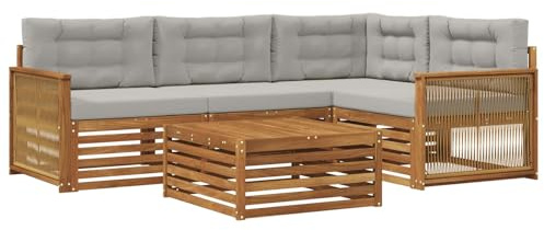 vidaXL Outdoor-Sofagarnitur mit Kissen 5 pcs Natürlich und Hellgrau, Patio Loungeset, modernes Sofa für draußen, wetterbeständiger Gartenspaß, Bequeme Terrassenmöbel