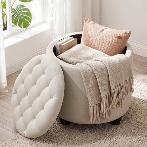 Ckaff Storage Ottoman, 48cm Round Footstool with Padded Seat and Removable Lid, Button Tufted Ottoman Storage Box with Sturdy Legs for Living Room, Bedroom, Dining Room, Linen, Beige