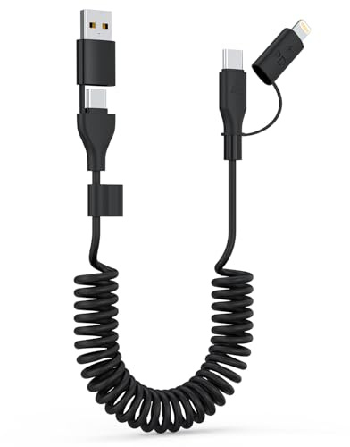 4 in 1 Multi Coiled USB C Cable for Car, 60W 3A Fast Charger Cable & Data Cable for Car Play & Android Auto, USB C/A to Lightning, USB C/A to USB C for iPhone 17 16, Android and Laptop, 4FT/Black